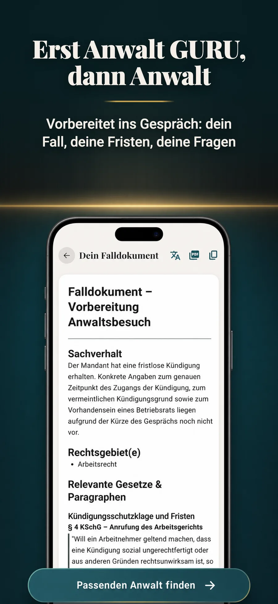 Falldokument von Anwalt GURU — vorbereitet ins Gespräch mit der Rechtsanwältin