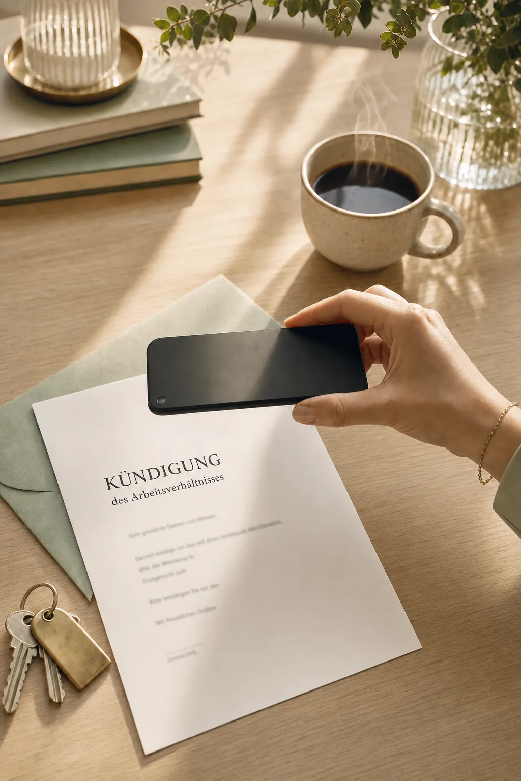Auf einem hellen Holztisch liegt ein Kündigungsschreiben; eine Hand hält ein Smartphone darüber und fotografiert das Blatt ab