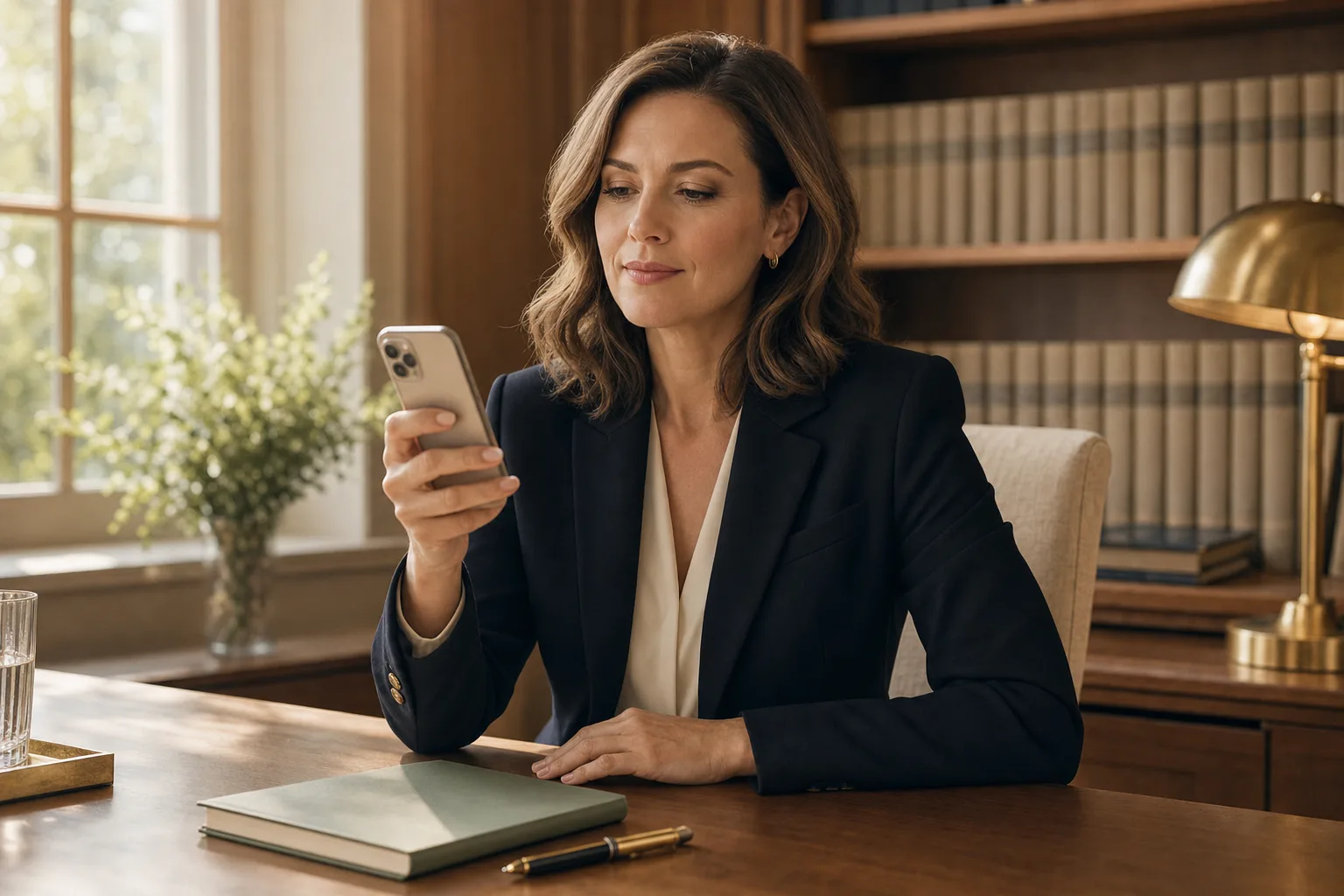 Juristin recherchiert konzentriert am Schreibtisch per Smartphone